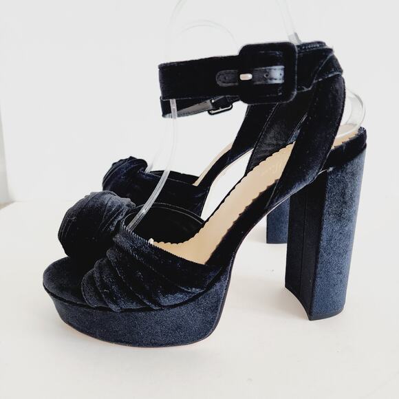 Antonio Melani Black Velvet Open Toe Platform Sandals Heels Rose Accent Size 9 - Picture 6 of 12